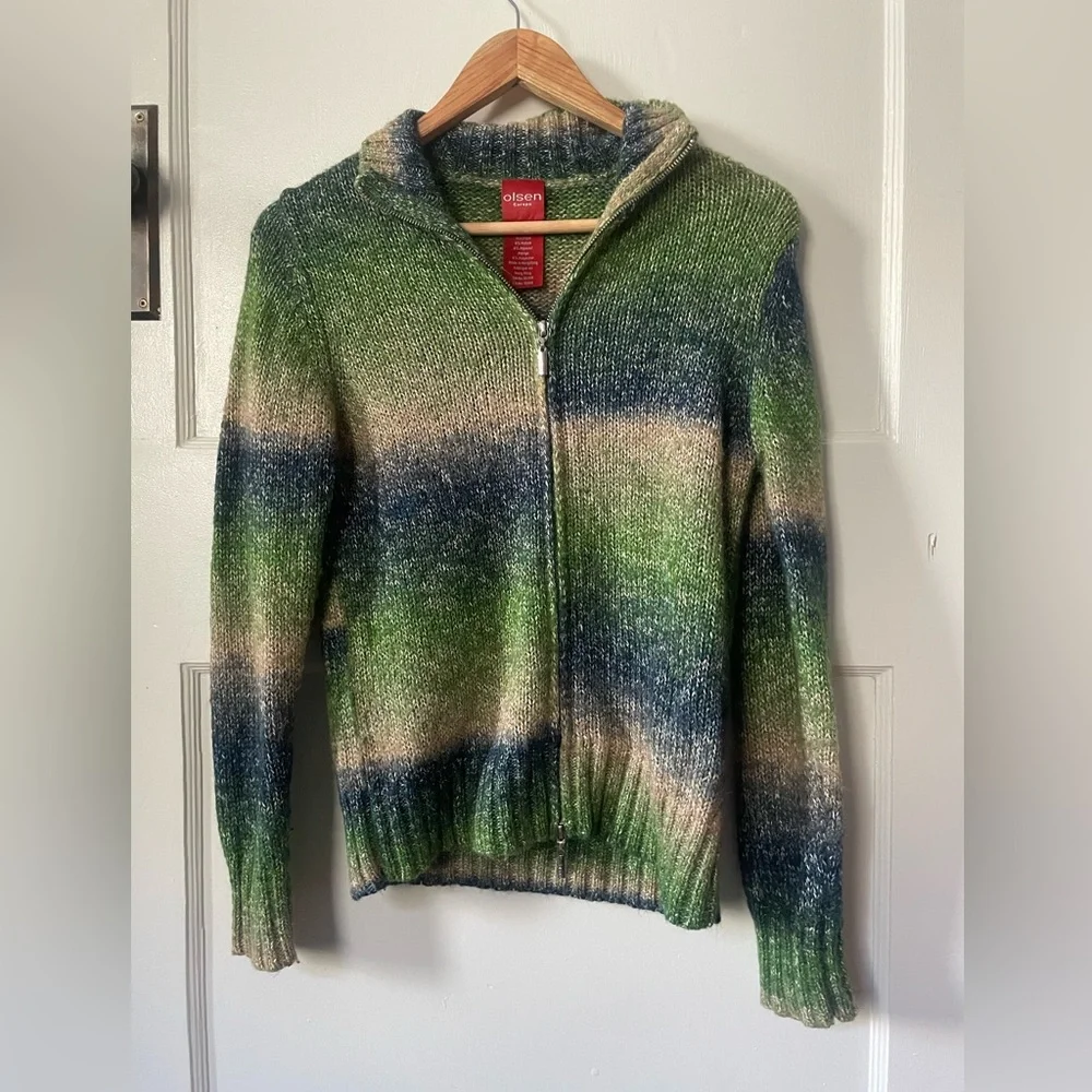 Olsen silk blend double zipper tri-coloured cardigan-Small - Picture 1 of 10